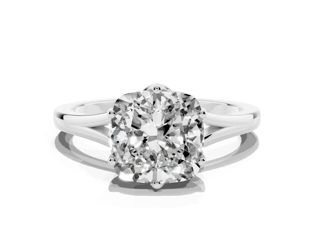 Cushion Cut Solitaire Diamond Ring with Six-Prong Setting and Tapered Band Silver