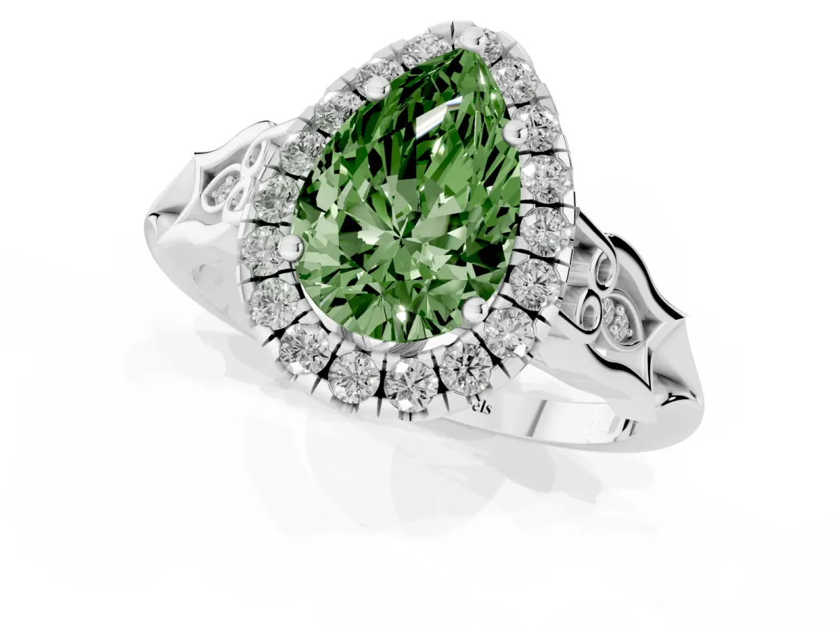 Fancy Green Pear Cut Halo Diamond Engagement Ring with Filigree Band and Four-Prong Setting White gold