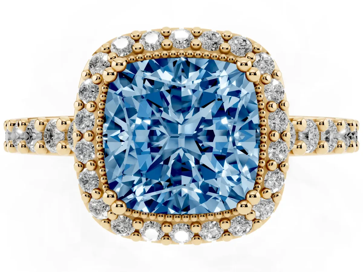 Fancy Blue Cushion Cut Cut Diamond Halo Engagement Ring with Milgrain Detail and Pavé Band Yellow gold
