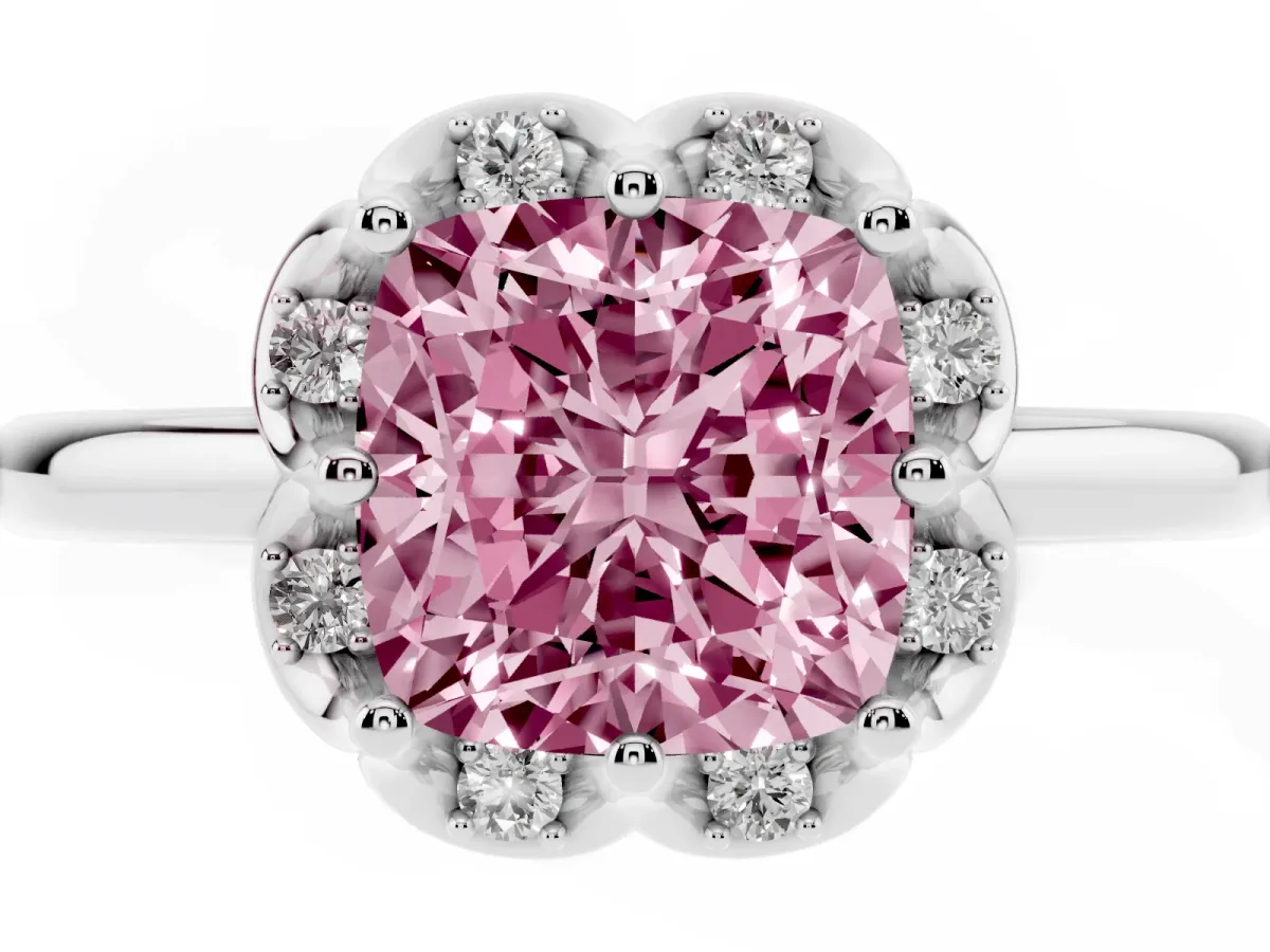 Fancy Pink Cushion Cut Halo Diamond Ring with Round Cluster Setting, Solitaire Band, and Four-Prong Setting Silver