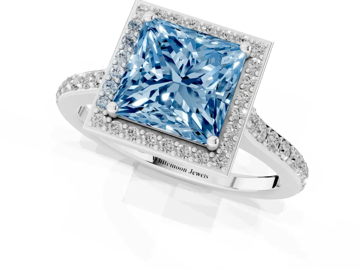 Fancy Blue Princess Cut Diamond Halo Engagement Ring with Round Pavé Shoulders and Prong Setting Silver