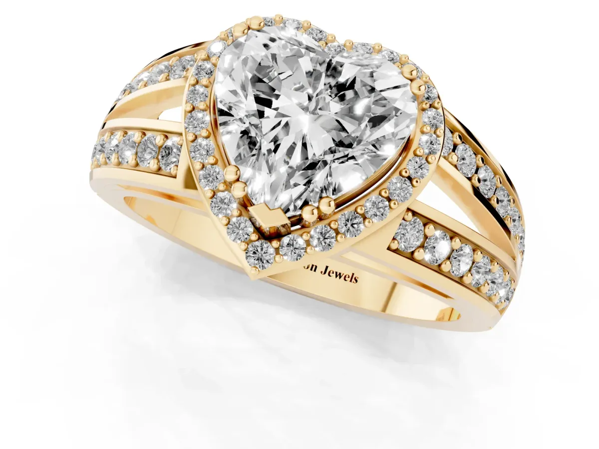Heart Cut Diamond Halo Ring with Split Shank Pavé Band and Four-Prong Setting Yellow gold