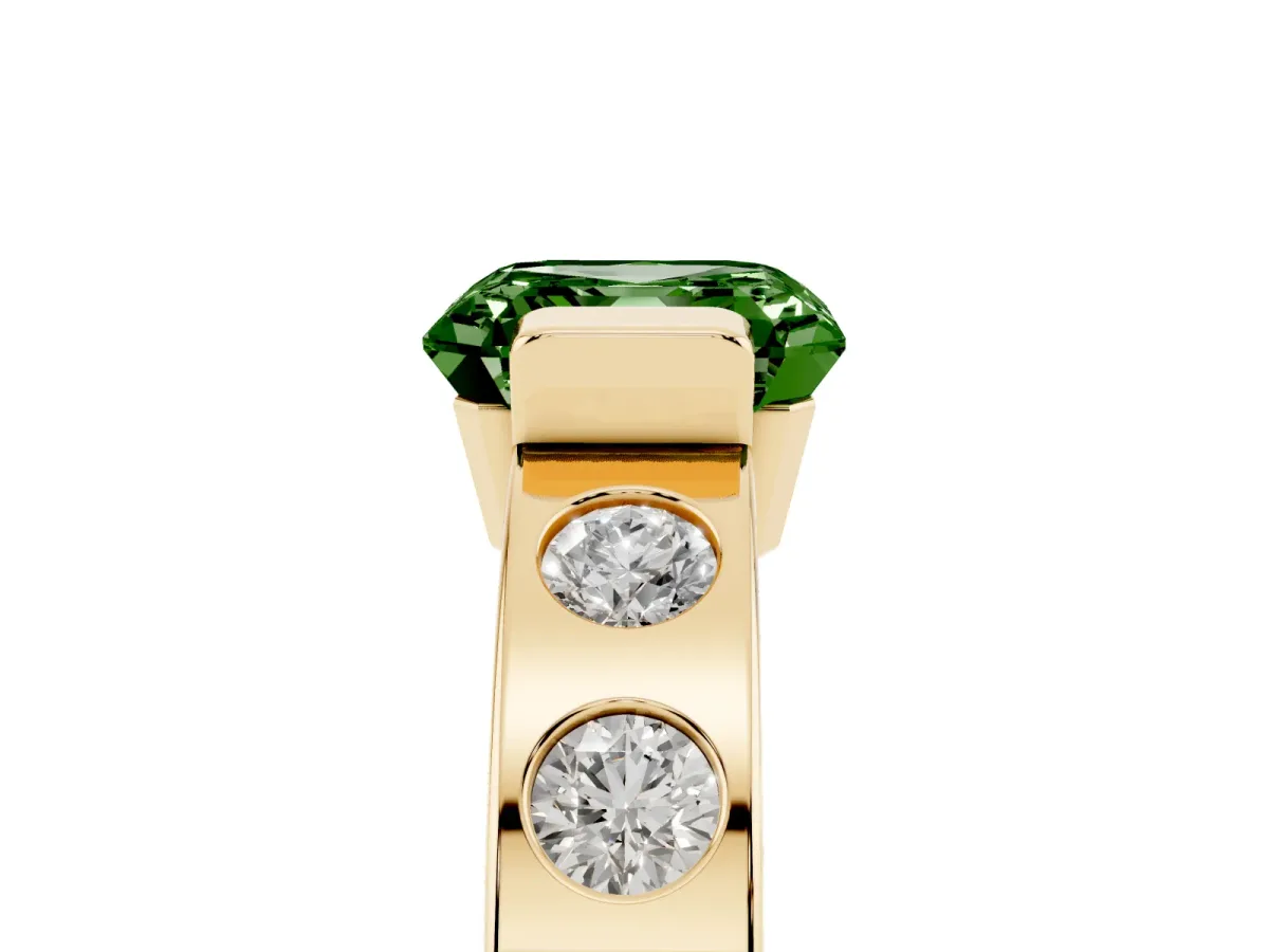 Fancy Green Asscher Cut Brilliant Channel-Set Diamond Ring with Bezel Prong Setting Yellow gold