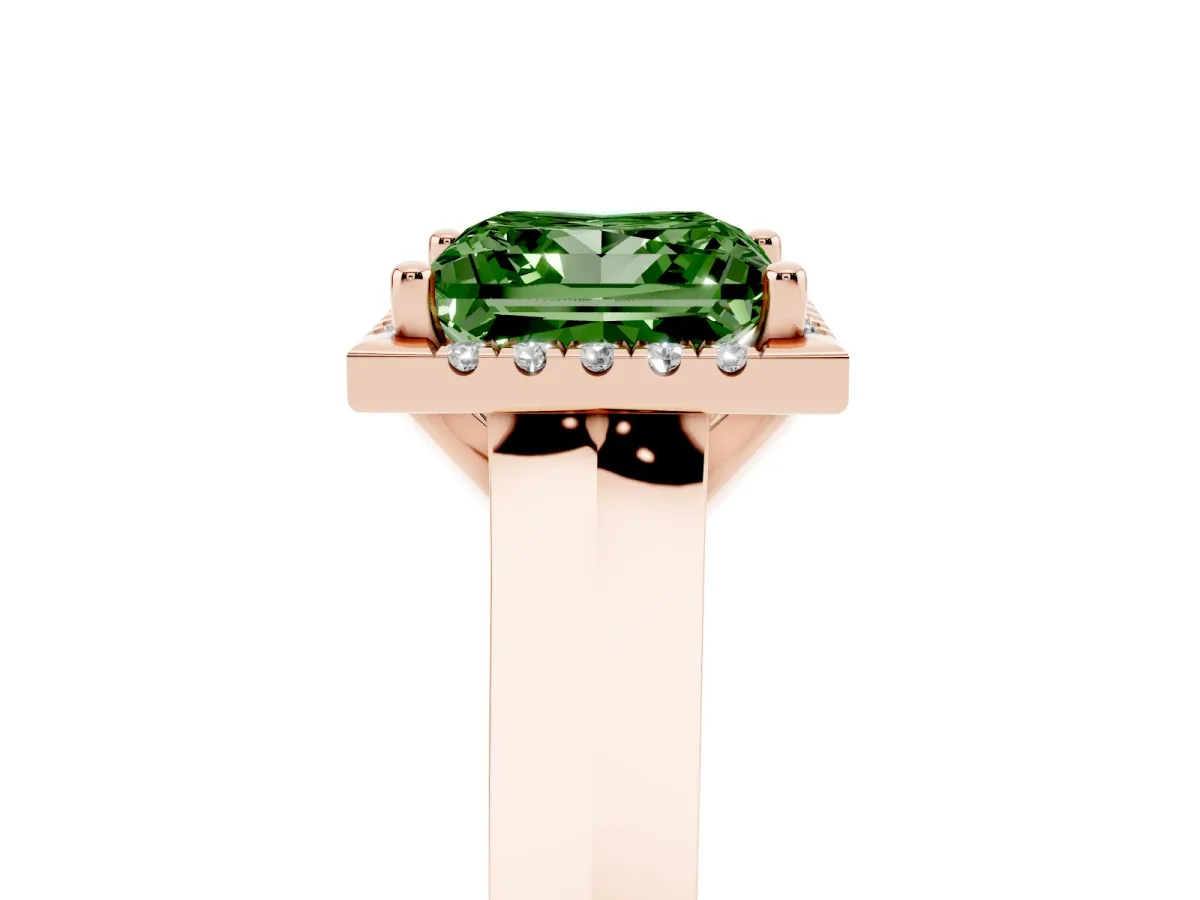Fancy Green Princess Cut Halo Diamond Ring with Cathedral Band and Four-Prong Setting Rose gold