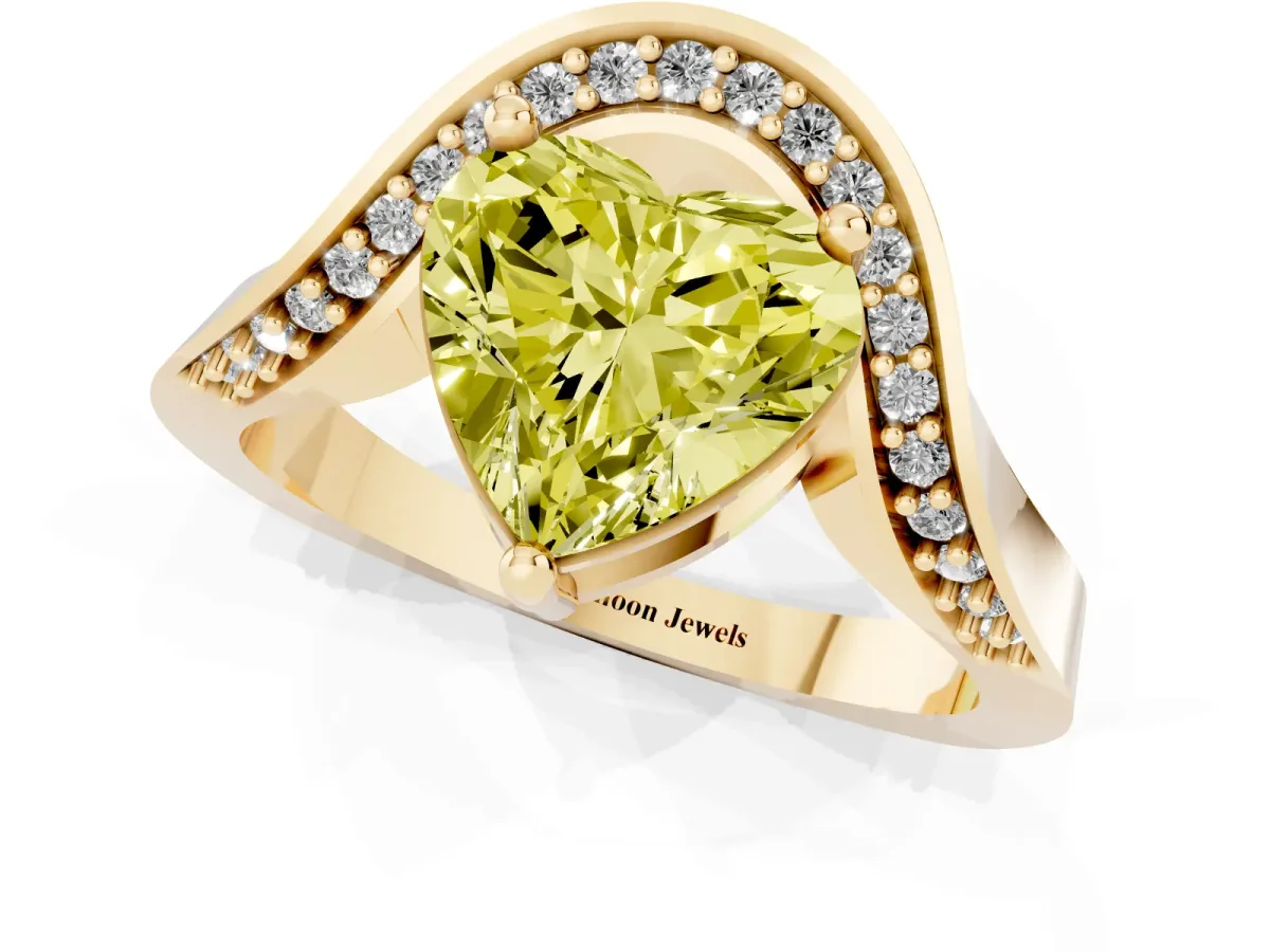 Fancy Yellow Heart Cut Solitaire Diamond Engagement Ring with Pave Band and Four-Prong Setting Yellow gold