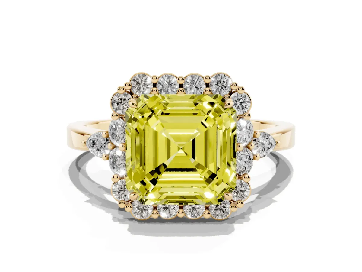 Fancy Yellow Asscher Cut Diamond Halo Ring with Pear Side Stones and Prong Setting Yellow gold