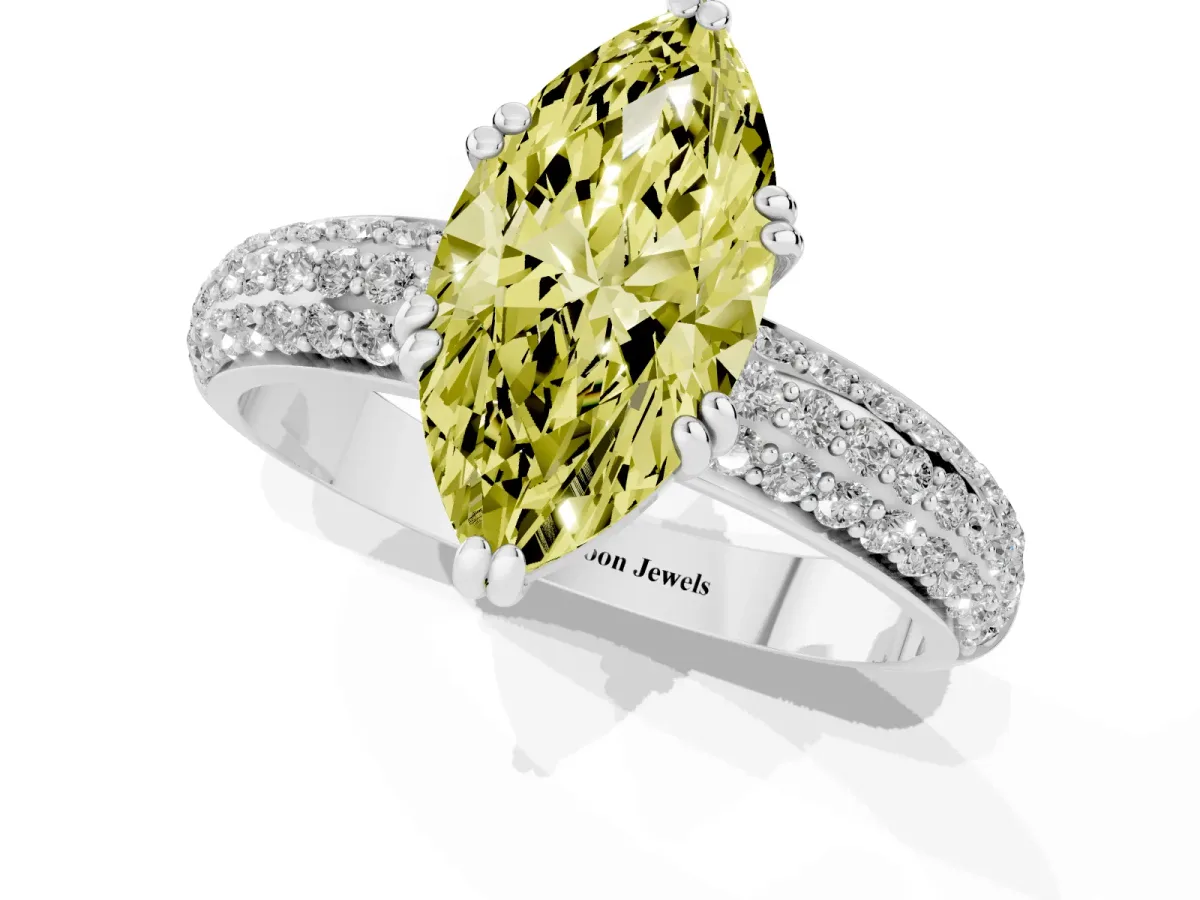 Fancy Yellow Marquise Cut Diamond Solitaire Ring with Multi-Row Round Pavé Band and Prong Setting White gold