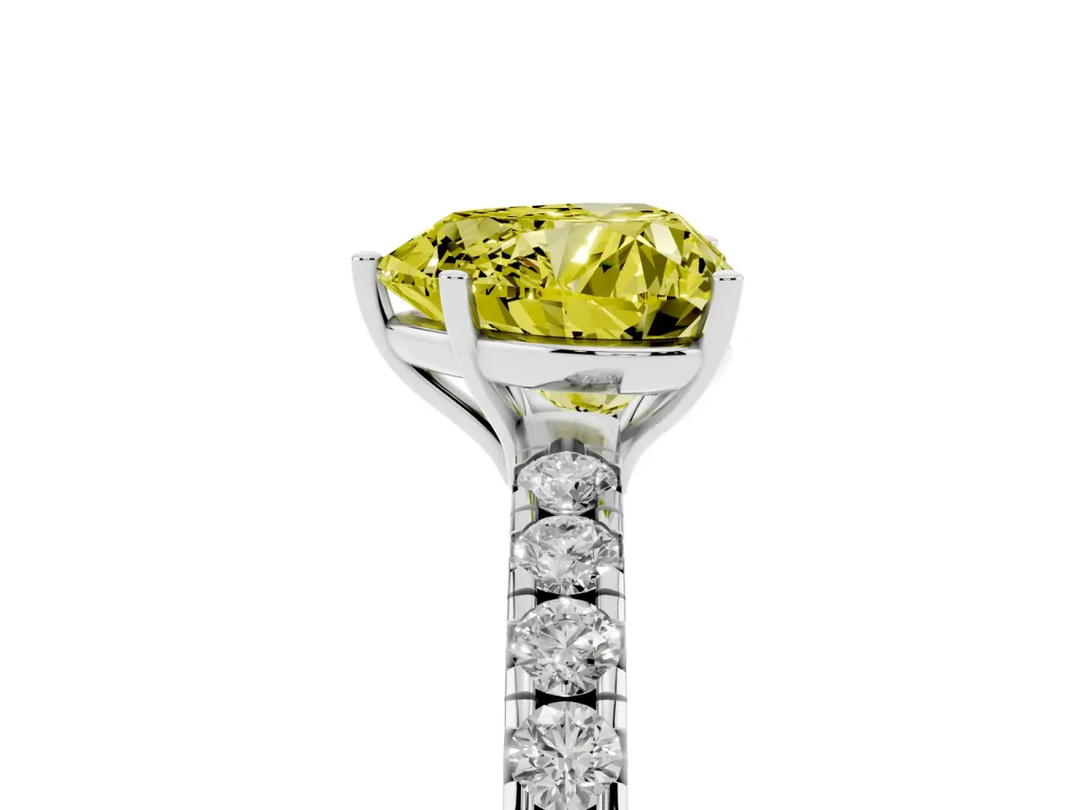 Fancy Yellow Heart Cut Diamond Pavé Solitaire Engagement Ring with Four-Prong Setting Silver