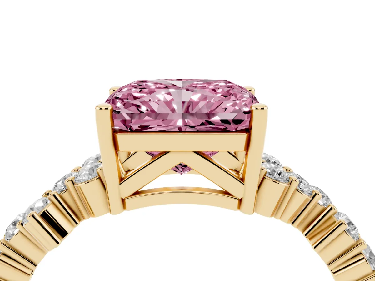 Fancy Pink Radiant Cut Diamond Scattered Round Accent Ring with Prong Setting Yellow gold