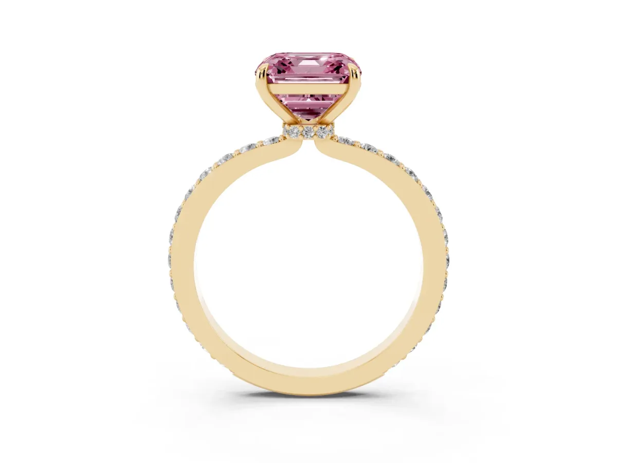 Fancy Pink Asscher Cut Diamond Solitaire Engagement Ring with Pavé Band and Four-Prong Setting Yellow gold