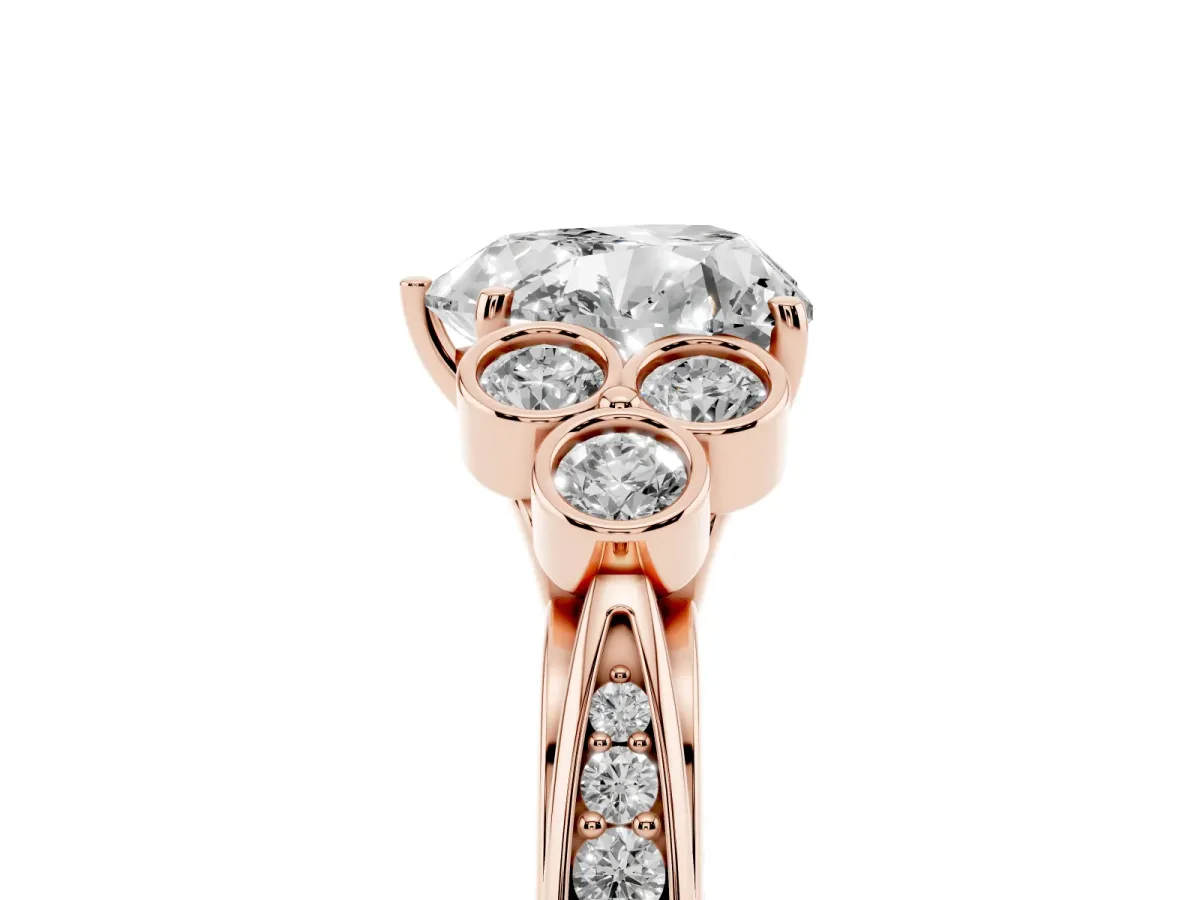 Heart Cut Cut Diamond Engagement Ring with Bezel Set Round Side Stones and Prong Setting Rose gold
