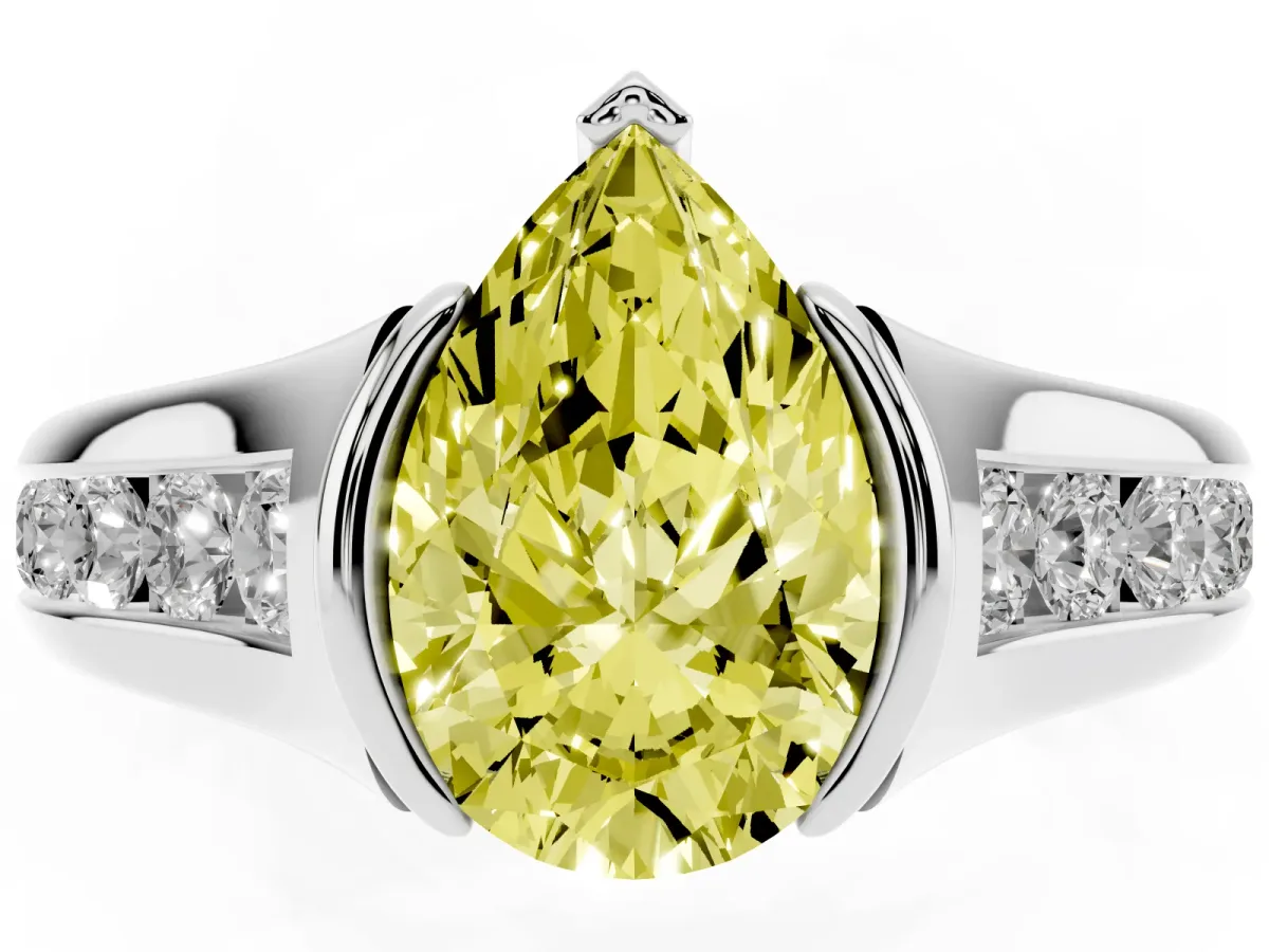 Fancy Yellow Pear Cut Solitaire Bezel-Set Diamond Ring with Channel-Set Band Silver