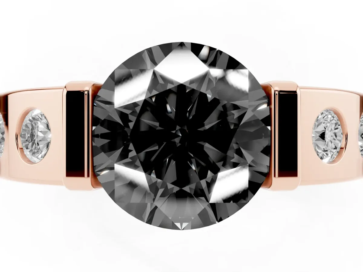 Fancy Black Round Cut Brilliant Channel-Set Diamond Ring with Bezel Prong Setting Rose gold
