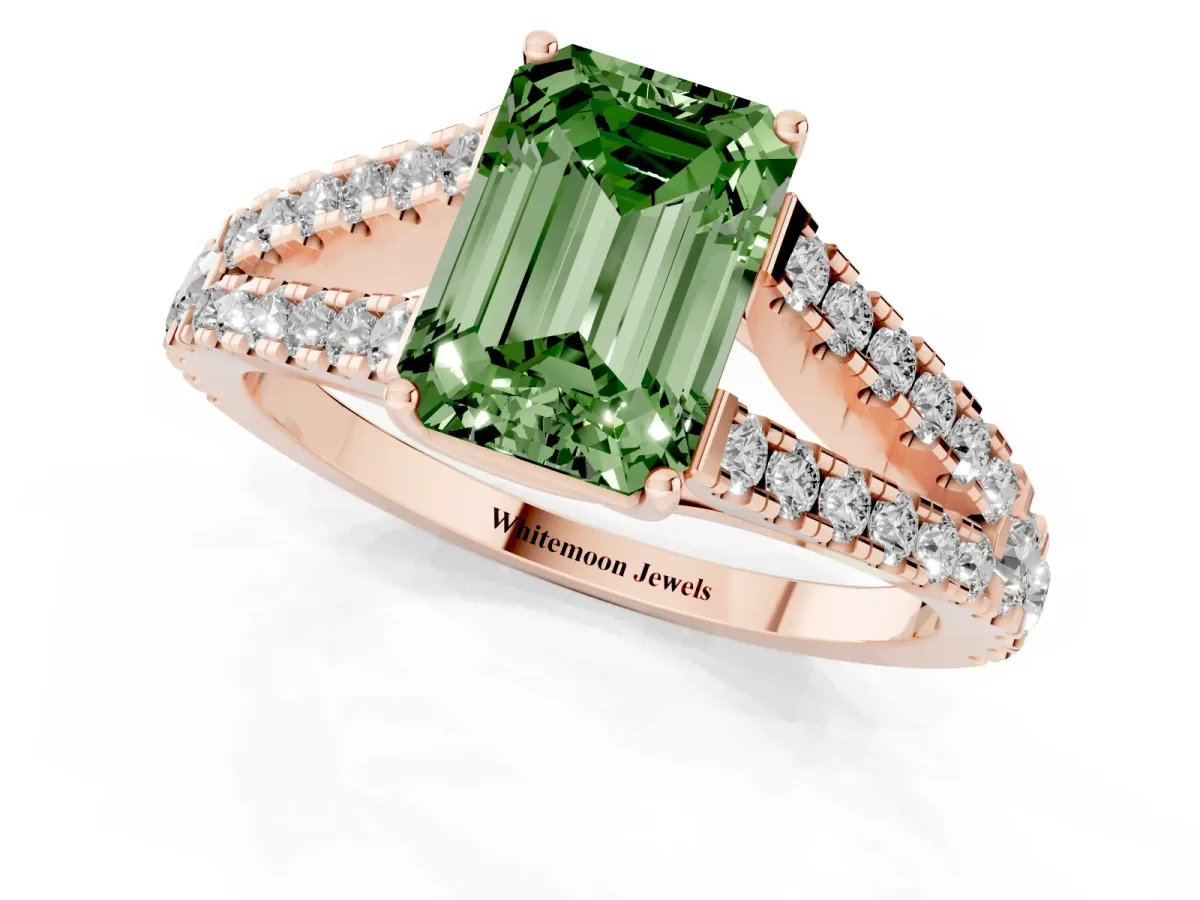 Fancy Green Emerald Cut Diamond Split Shank Pavé Engagement Ring with Four-Prong Setting Rose gold