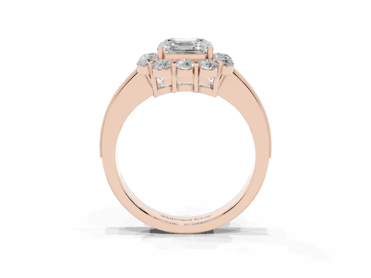 Asscher Cut Cut Halo Diamond Pavé Engagement Ring with Milgrain Detailing Rose gold