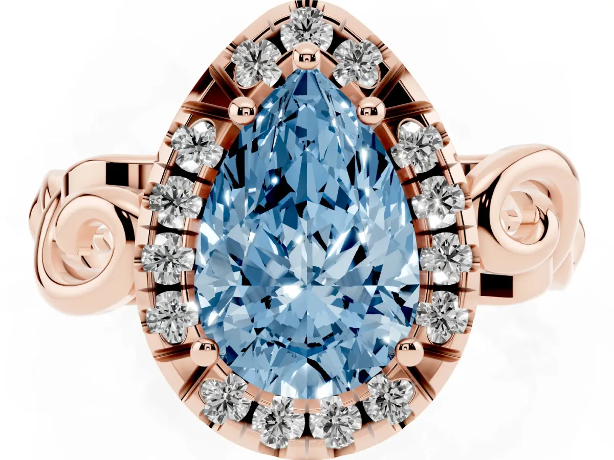 Fancy Blue Pear Cut Cut Halo Diamond Ring with Scrollwork Band and Four-Prong Setting Rose gold