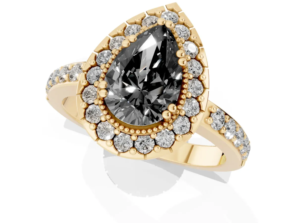 Fancy Black Pear Cut Diamond Halo Ring with Pavé Band and Prong Setting Yellow gold