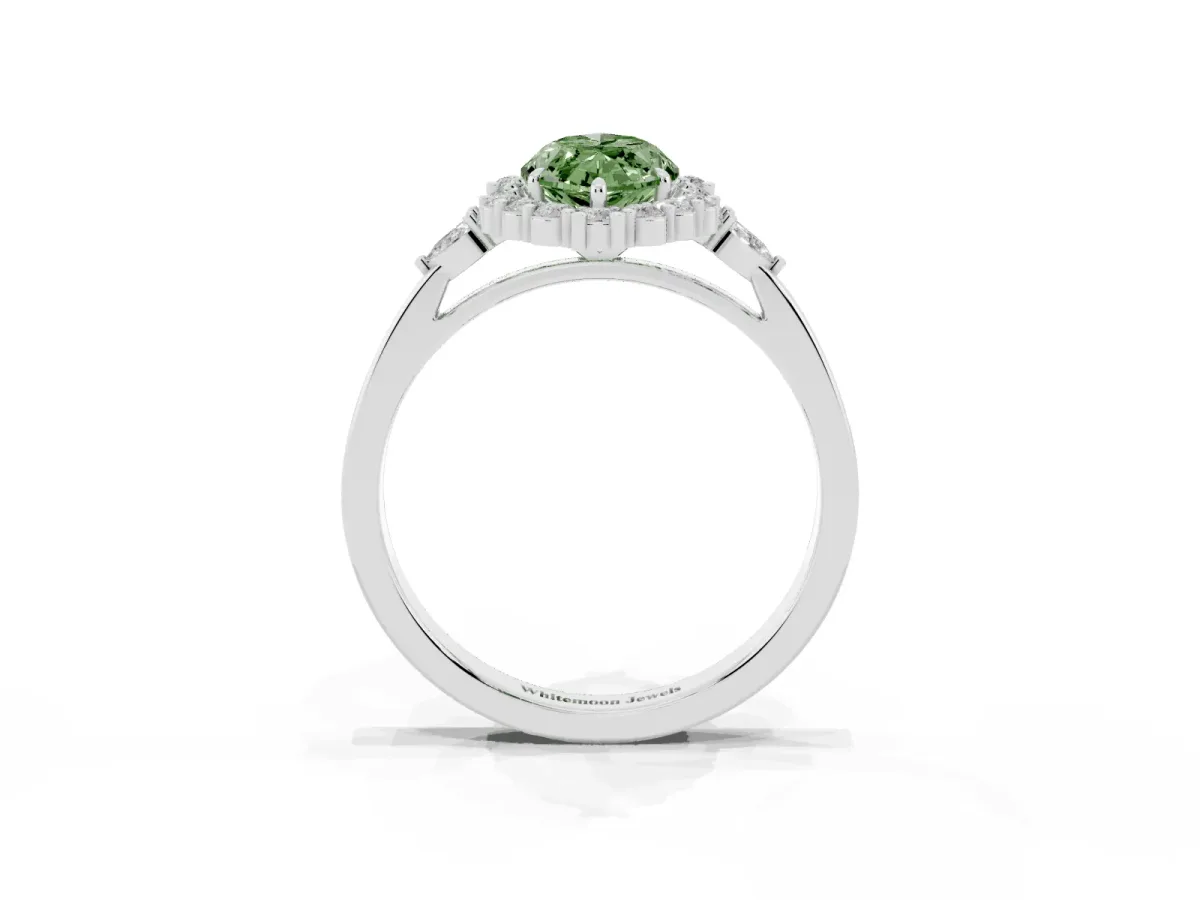 Fancy Green Marquise Cut Diamond Halo Ring with Pear Side Stones and Prong Setting Silver