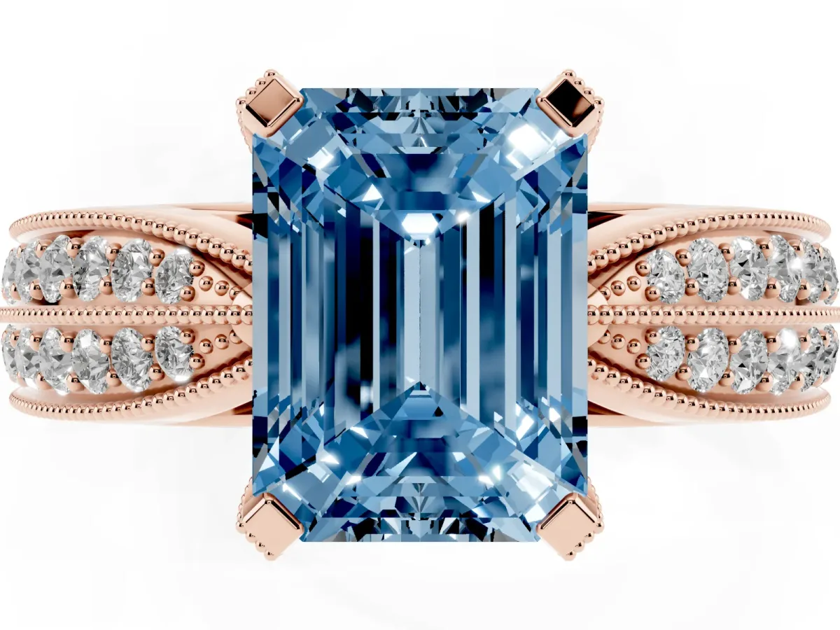 Fancy Blue Emerald Cut Diamond Solitaire Ring with Milgrain Round Pavé Band and Prong Setting Rose gold