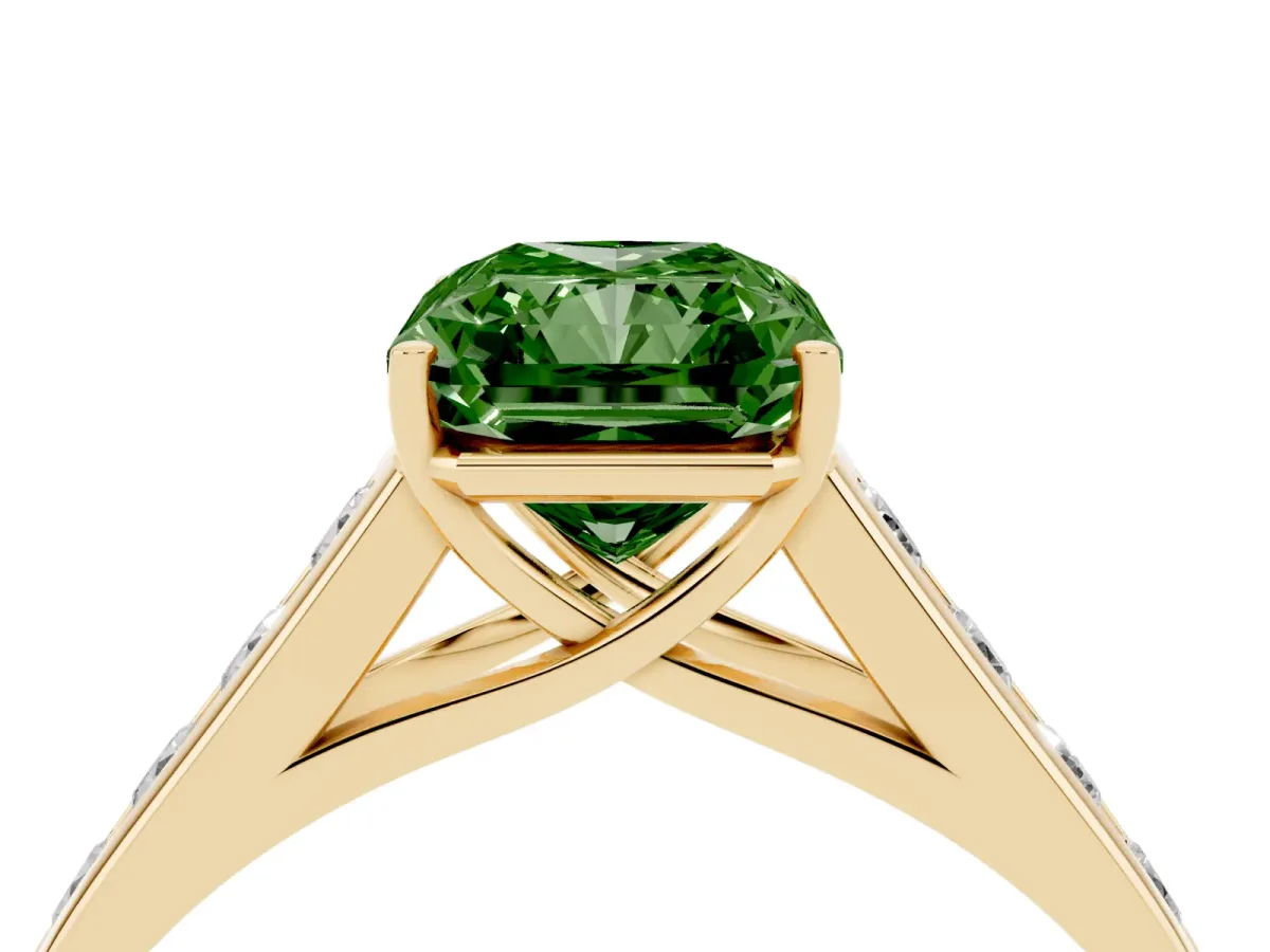 Fancy Green Radiant Cut Solitaire Channel-Set Diamond Engagement Ring with Four-Prong Setting Yellow gold