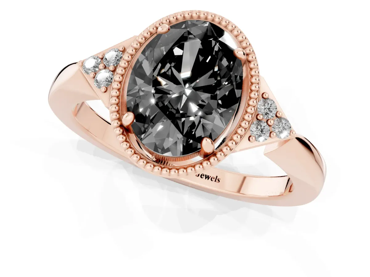 Fancy Black Hexagonal Halo Oval Cut Diamond Solitaire with Pavé Band and Four-Prong Setting Rose gold