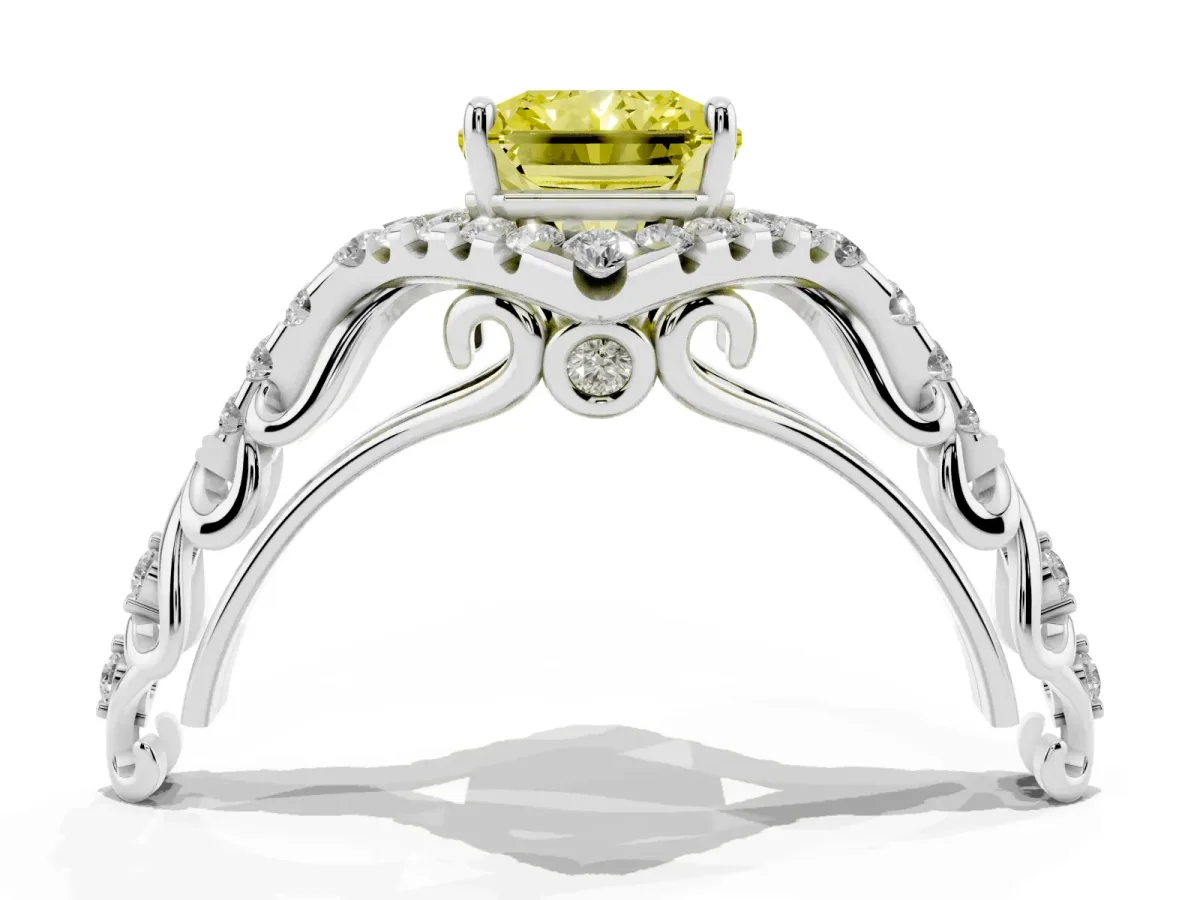 Fancy Yellow Radiant Cut Diamond Solitaire Ring with Hidden Halo and Pavé Band Platinum