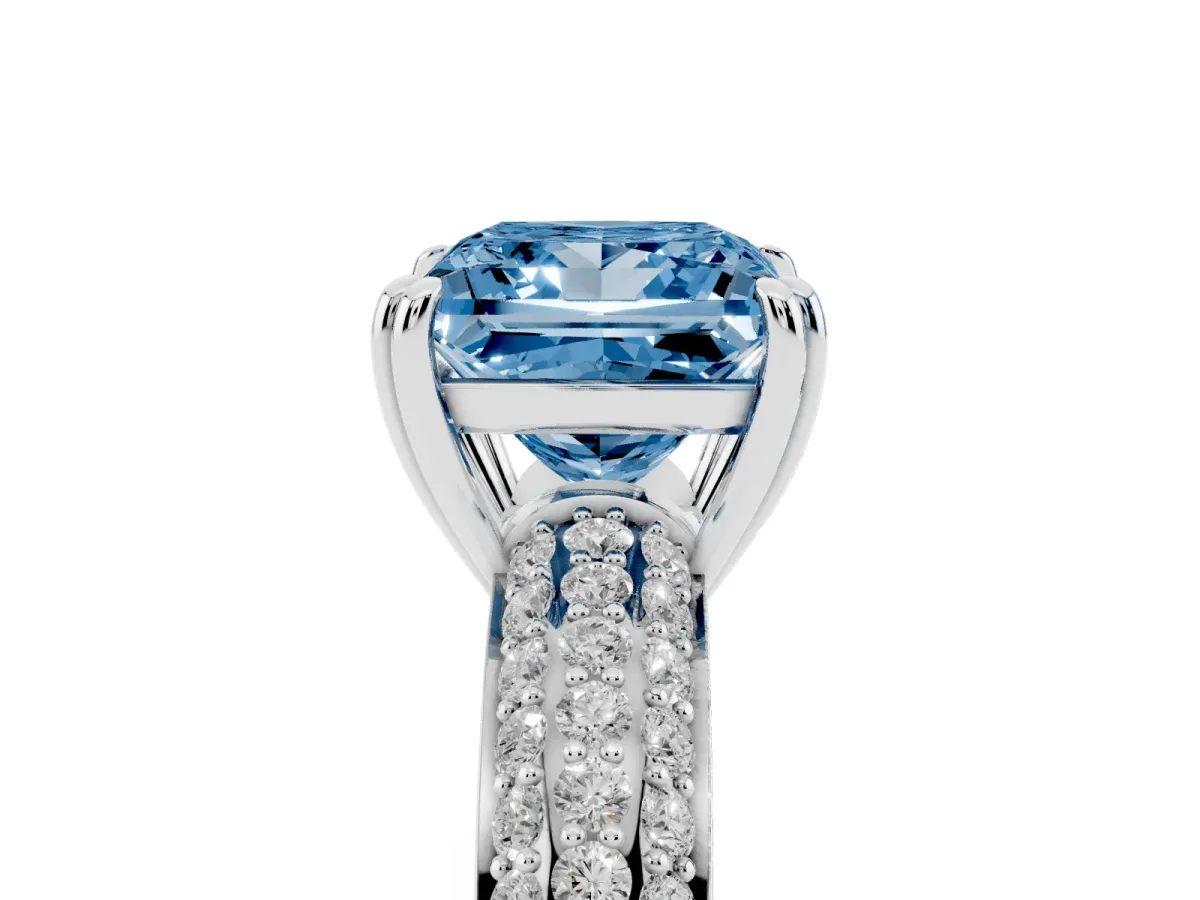 Fancy Blue Princess Cut Diamond Solitaire Ring with Multi-Row Round Pavé Band and Prong Setting Silver