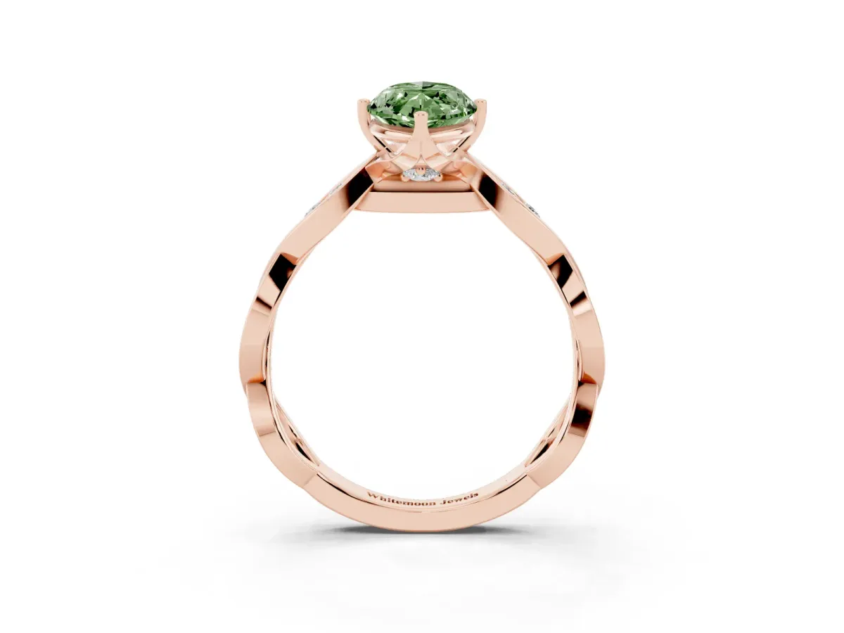 Fancy Green Marquise Cut Solitaire Twist Band with Leaf Prong Setting Rose gold