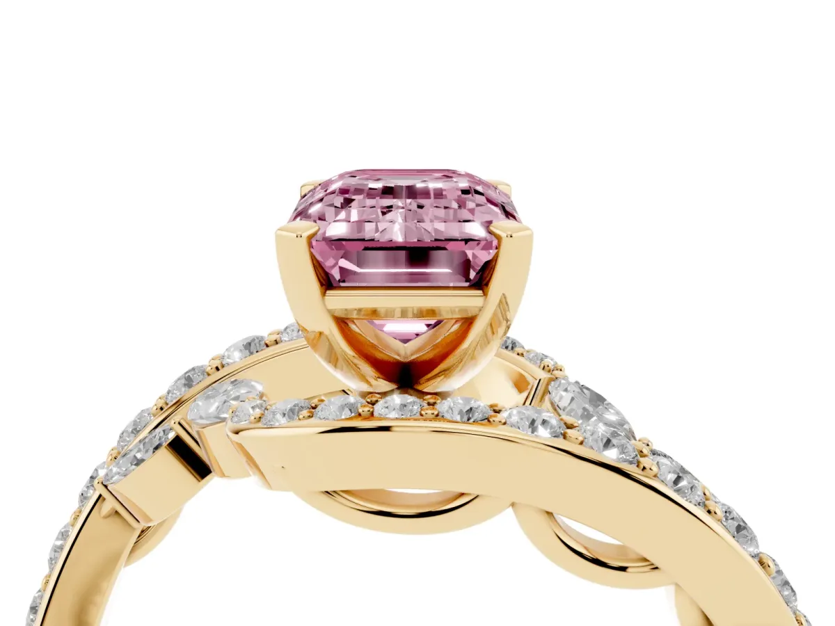 Fancy Pink Emerald Cut Solitaire with Pavé Twist Band and Four-Prong Setting Yellow gold