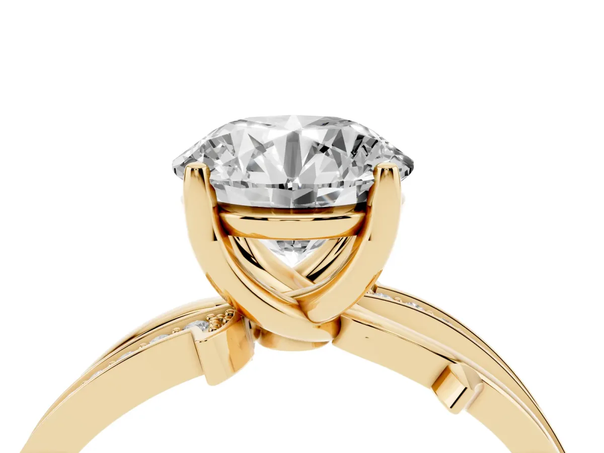 Round Cut Solitaire Twist Band with Pavé Accents and Four-Prong Setting Yellow gold