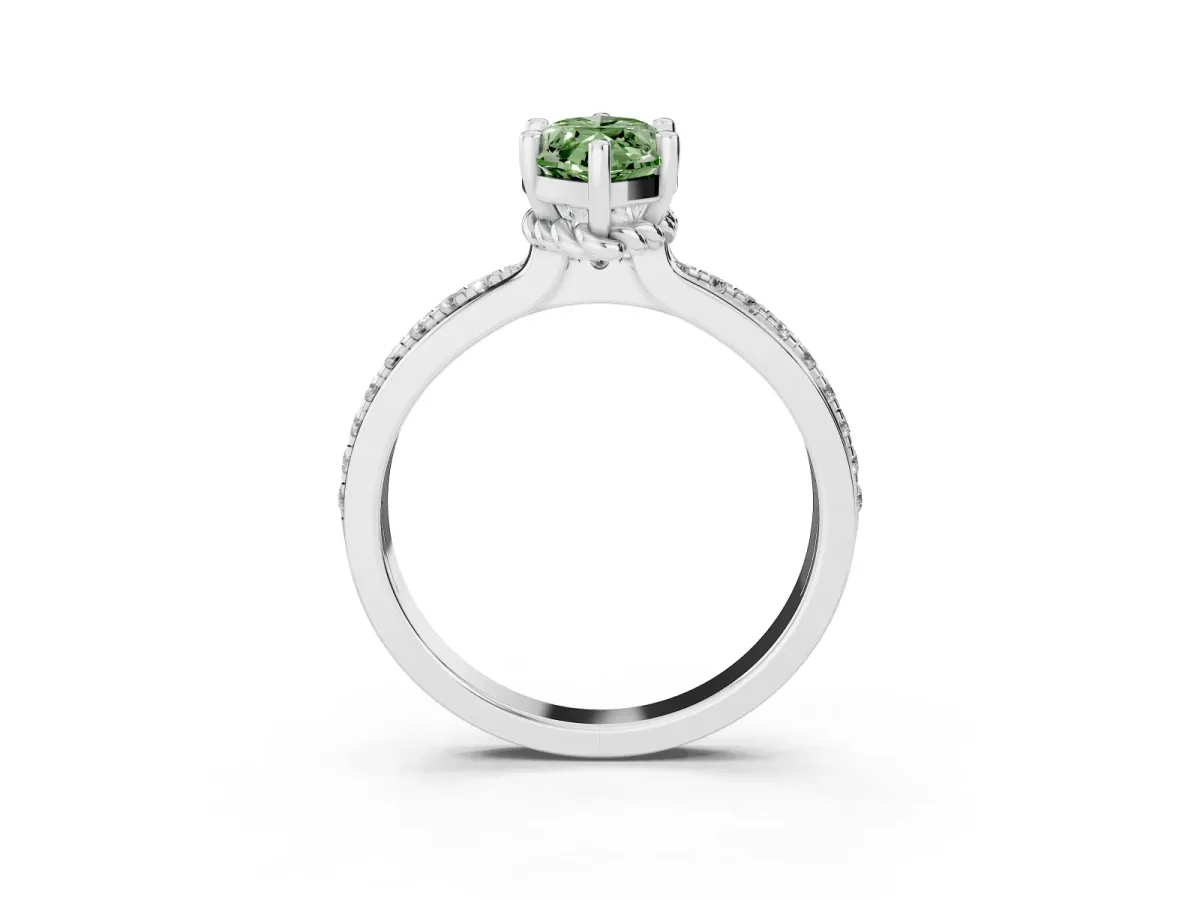 Fancy Green Marquise Cut Solitaire Diamond Ring with Channel Set Band and Six-Prong Setting Silver