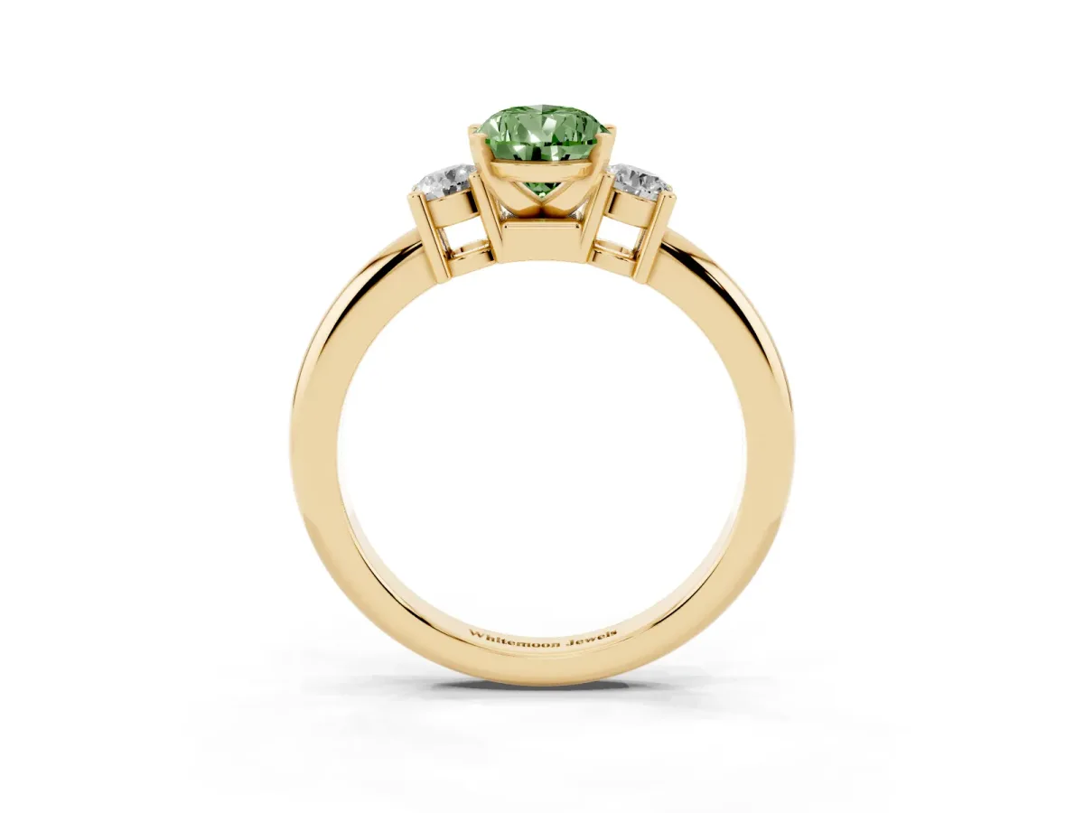 Fancy Green Three-Stone Pear Cut Cut Diamond Solitaire with Prong Setting and Classic Band Yellow gold
