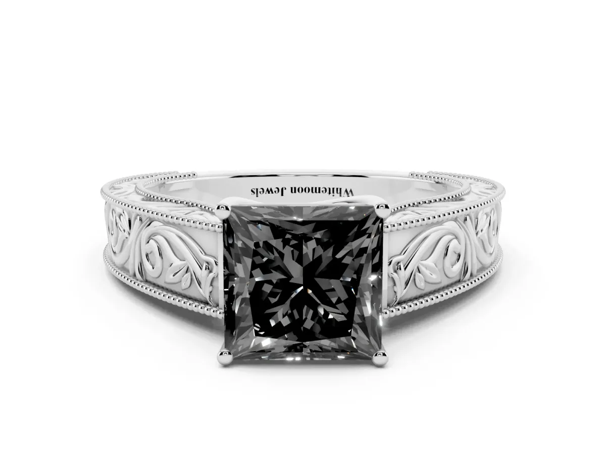 Fancy Black Princess Cut Diamond Solitaire Ring with Engraved Band and Four-Prong Setting Silver