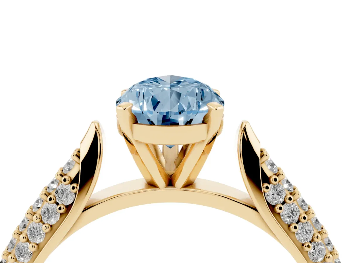 Fancy Blue Pear Cut Diamond Solitaire Engagement Ring with Multi-Row Round Pavé Band and Prong Setting Yellow gold