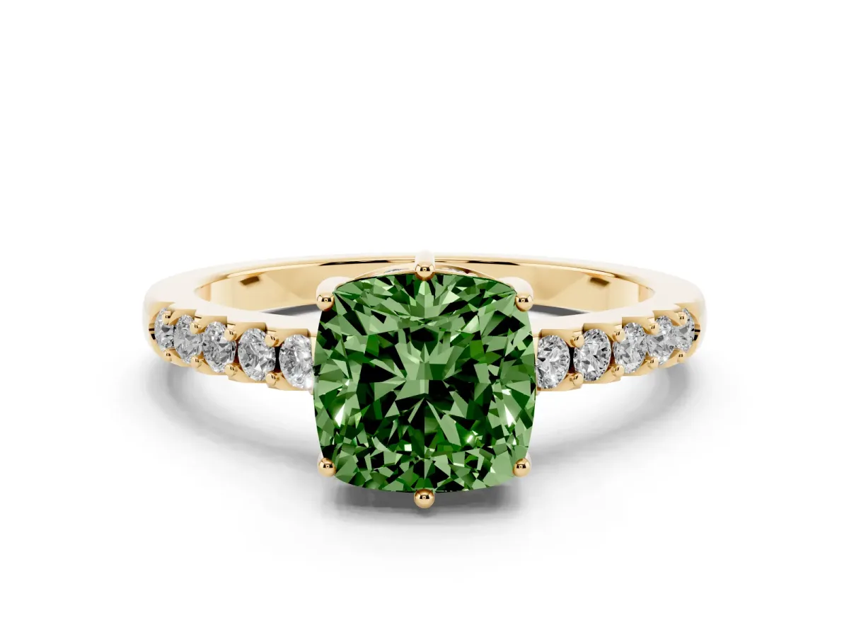 Fancy Green Cushion Cut Solitaire Diamond Engagement Ring with Pavé Band and Six-Prong Setting Yellow gold