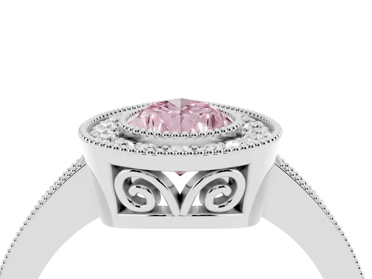 Fancy Pink Pear Cut Cut Halo Diamond Ring with Pavé Band and Milgrain Prong Setting Platinum