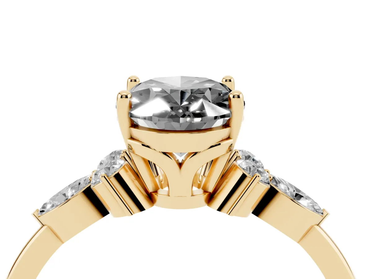 Fancy Black Oval Cut Brilliant Diamond Solitaire Ring with Pear Side Stones and Four-Prong Setting Yellow gold