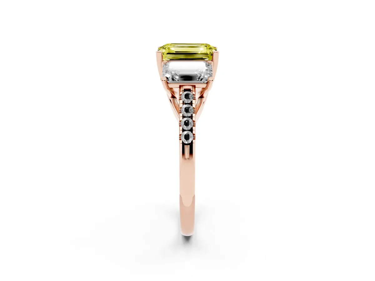 Fancy Yellow Three-Stone Emerald Cut Diamond Ring with Round Pavé Band and Prong Setting Rose gold