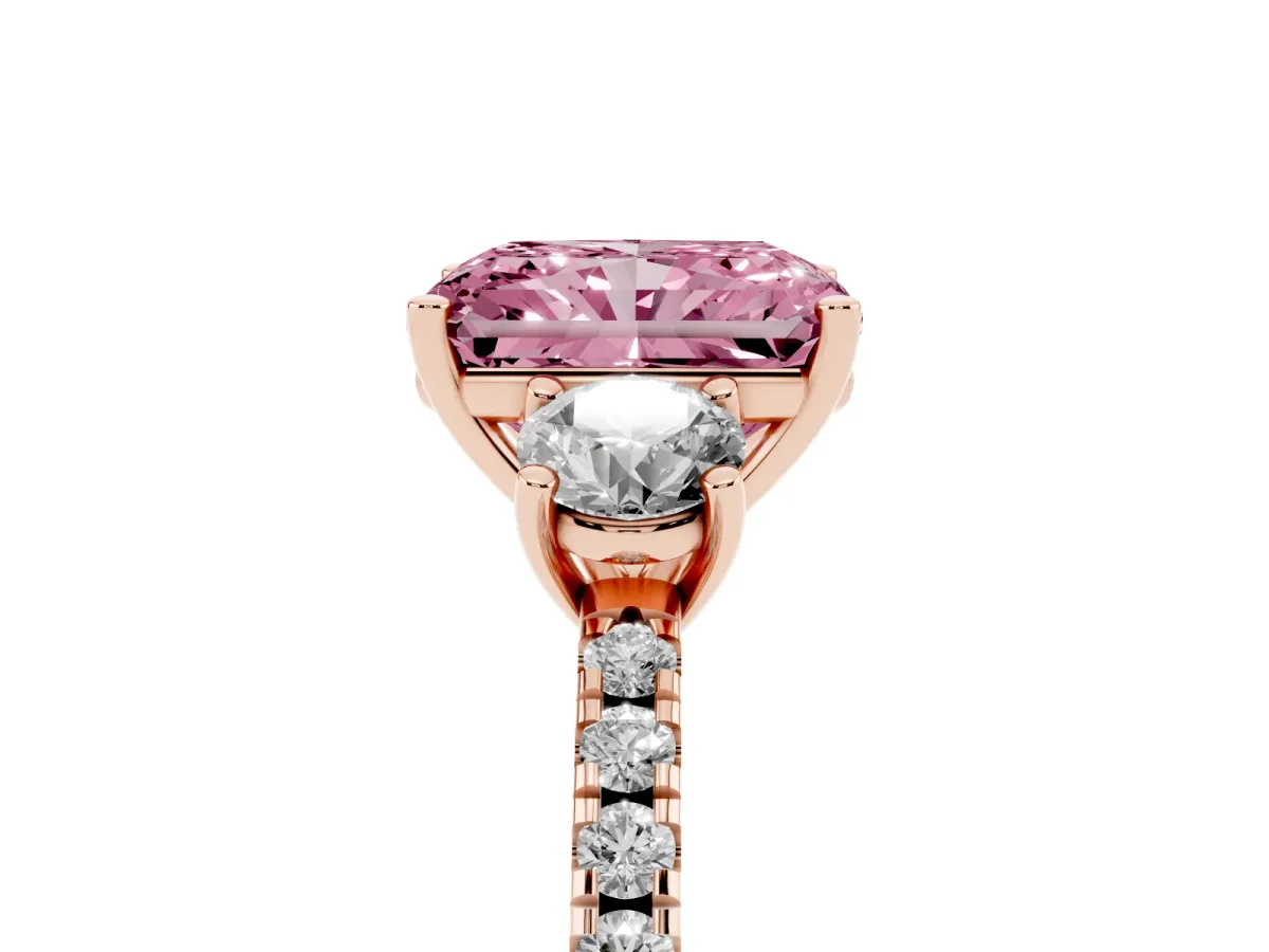 Fancy Pink Three-Stone Radiant Cut Cut Diamond Pavé Band with Prong Setting Rose gold