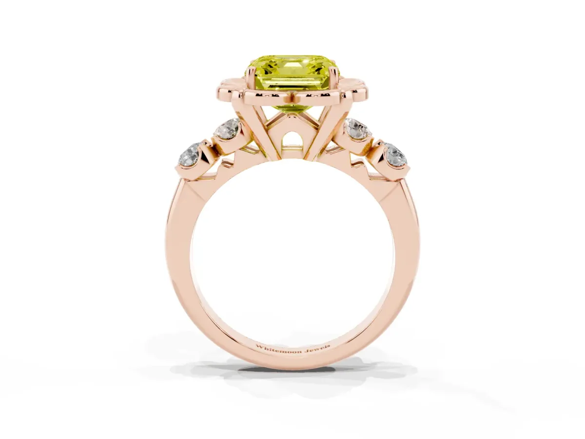 Fancy Yellow Asscher Cut Cut Diamond Floral Halo Engagement Ring with Shared Prong Setting Rose gold