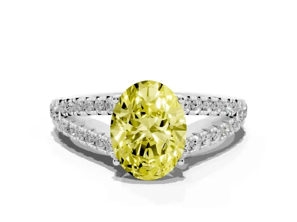 Fancy Yellow Oval Cut Diamond Split Shank Pavé Engagement Ring with Four-Prong Setting White gold
