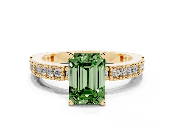 Fancy Green Emerald Cut Solitaire with Pavé Band and Four-Prong Setting Yellow gold
