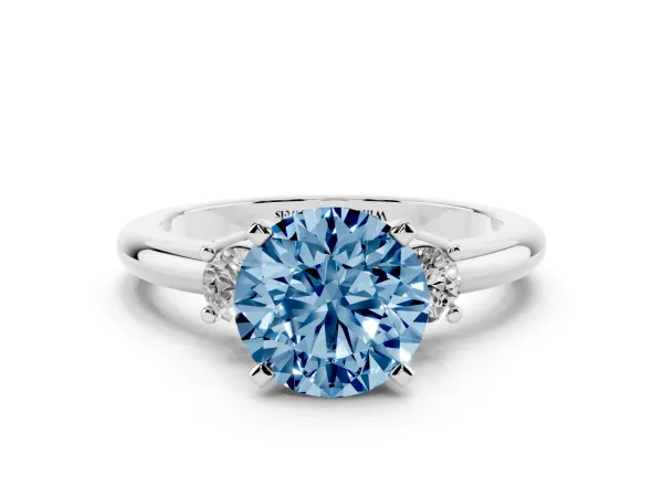 Fancy Blue Three-Stone Round Cut Cut Diamond Solitaire with Prong Setting and Classic Band Platinum