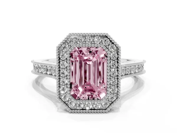 Fancy Pink Halo Emerald Cut-Cut Diamond Pave Band Milgrain Prong Setting Ring Platinum