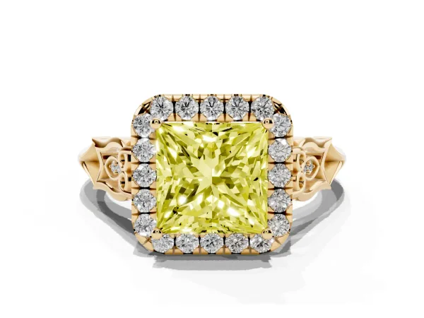 Fancy Yellow Princess Cut Halo Diamond Engagement Ring with Filigree Band and Four-Prong Setting Yellow gold
