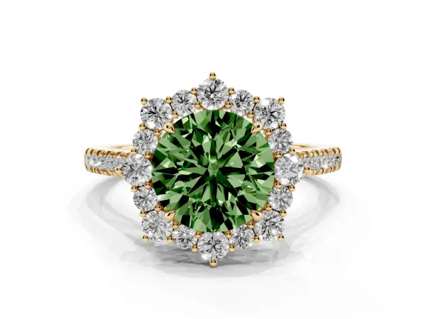Fancy Green Round Cut Halo Diamond Ring with Pavé Band and Prong Setting Yellow gold