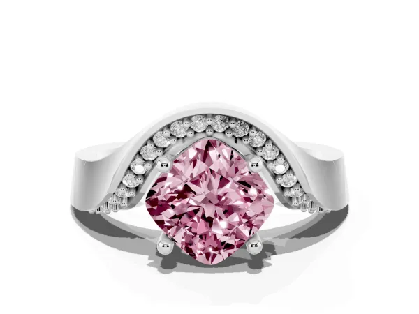 Fancy Pink Cushion Cut Solitaire Diamond Engagement Ring with Pave Band and Four-Prong Setting White gold