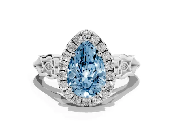 Fancy Blue Pear Cut Halo Diamond Engagement Ring with Filigree Band and Four-Prong Setting Platinum