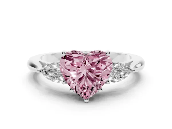 Fancy Pink Heart Cut Diamond Three-Stone Ring with Pear Side Stones and Prong Setting Platinum