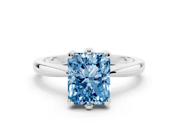 Fancy Blue Radiant Cut Solitaire Engagement Ring with Six-Prong Setting and Tapered Band Platinum
